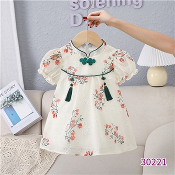 天静童装2023年夏季新款女童连衣裙 中国风儿童短袖旗袍汉服裙