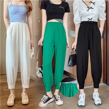 视频实拍女夏新款松紧腰宽松垂感冰爽绿色西裤束脚哈伦裤休闲九分