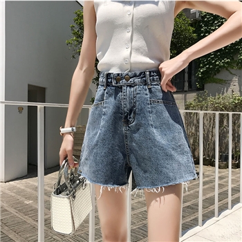 实拍夏季新款牛仔高腰短裤复古韩版时尚女装破洞休闲宽松牛仔短裤