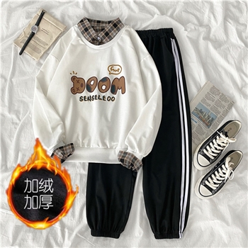 2021实拍加绒加厚慵懒风上衣加绒卫衣套装两件套长袖女九分裤