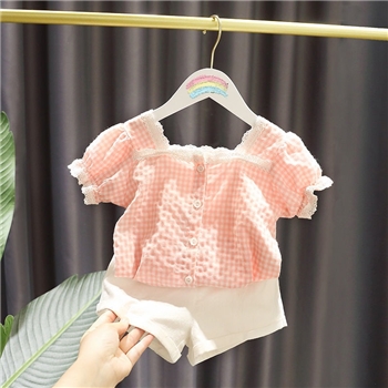 女童夏季衬衫洋气时髦夏装格子女宝宝衬衣短裤公主两件套装潮短袖