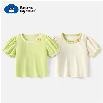 夏季新款女童T恤泡泡袖上衣儿童韩版花朵圆领短袖A类纯棉T恤童装