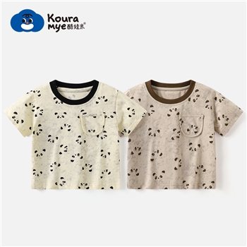 夏季男童T恤a类薄款满印花卡通熊猫圆领短袖男孩透气休闲上衣